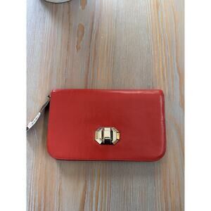 DKNY Wallet Clutch Womens Red Luster Calf Leather Geometric Lock Card Holder Bag